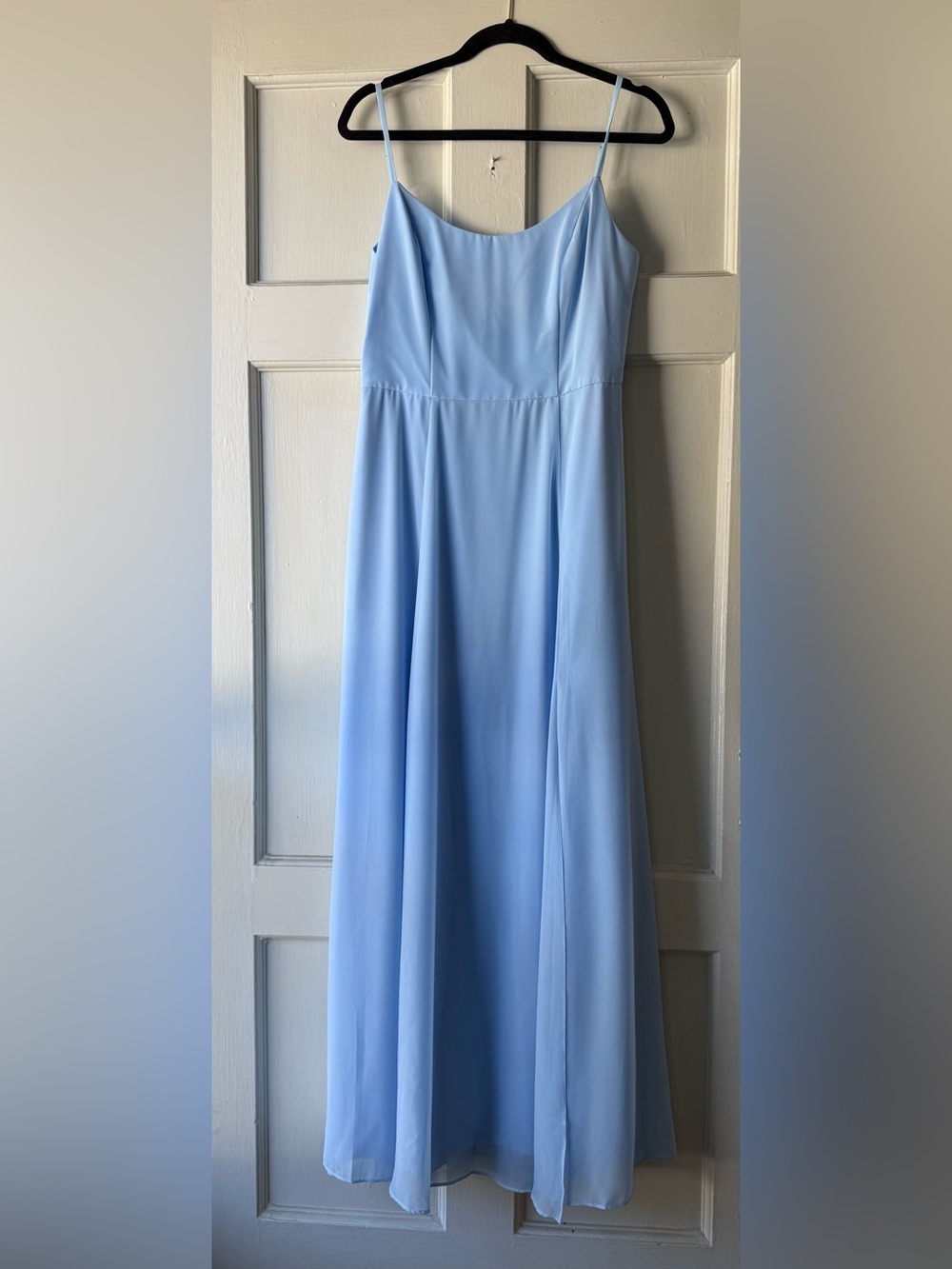 David’s Bridal Ice blue chiffon dress with slit and secret pockets!